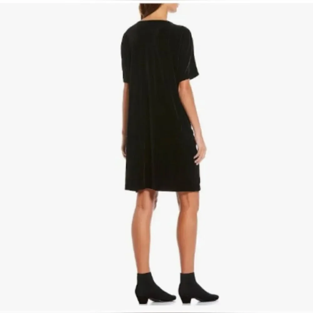 Eileen Fisher Black Stretch Velvet Short Sleeve Shift Dress Women's Size M